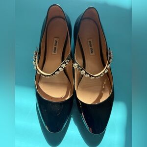 Miu Miu Black Patent Leather Mary Janes with Crystal Embellishments
